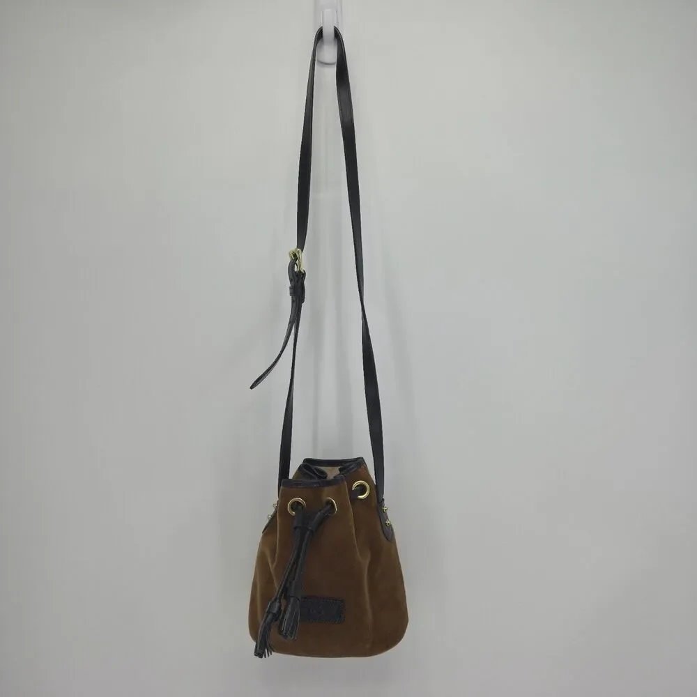 Vintage Dooney & Bourke Brown Velvet Drawstring Bucket Bag Black Leather Trim